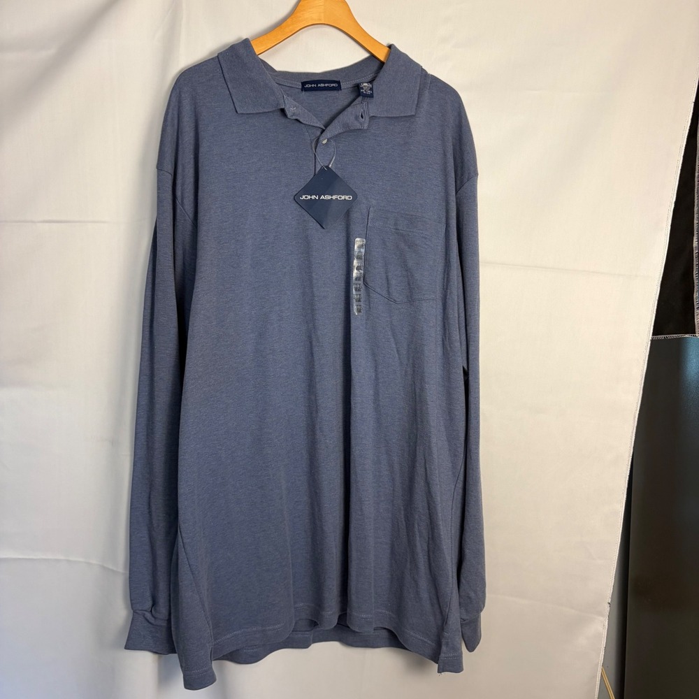 John Ashford Mens Long Sleeve Polo Shirt XXL Tall Blue Gray Cotton Pocket 49519